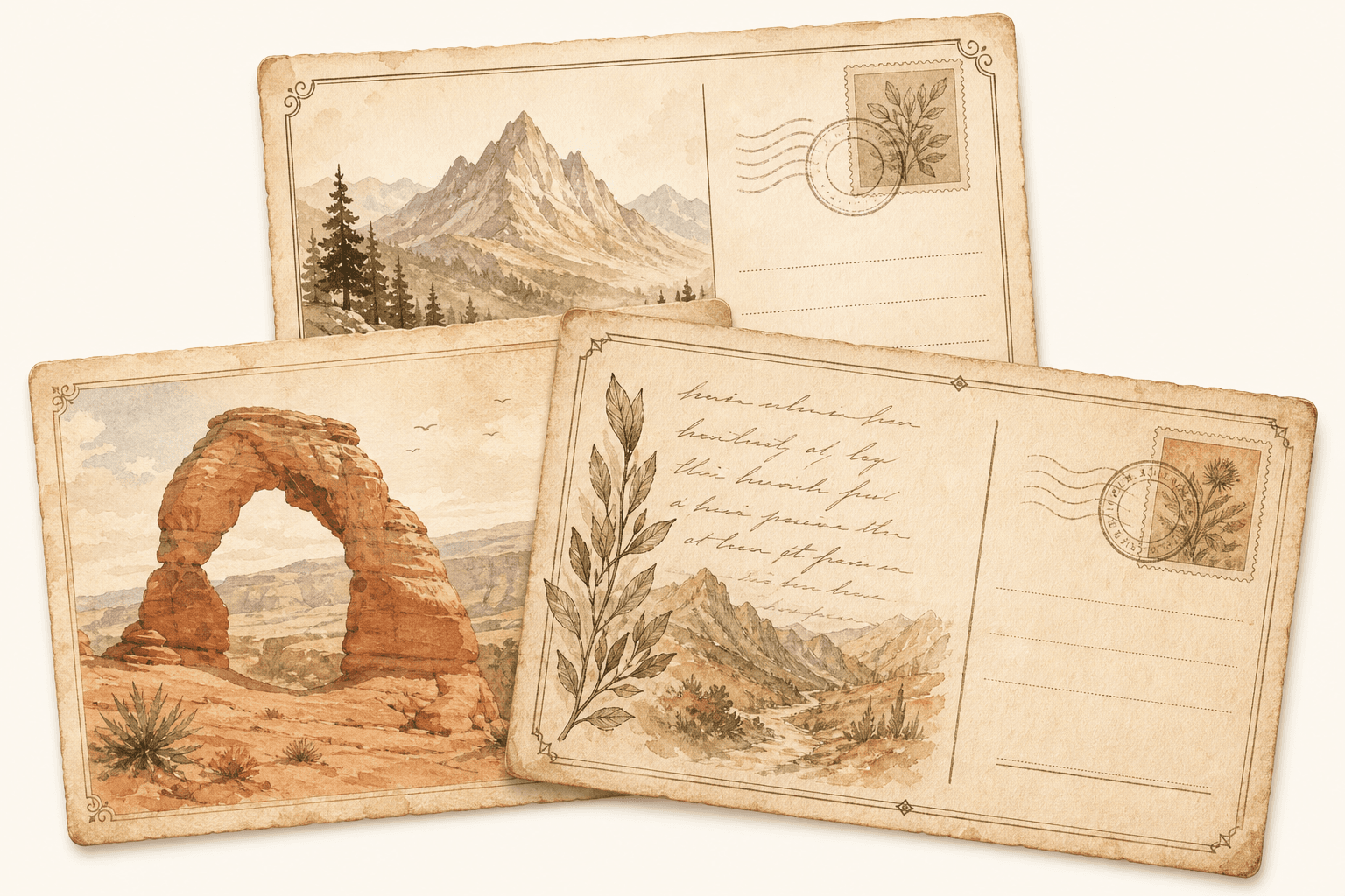 Stacked travel postcards with mountain and desert scenes